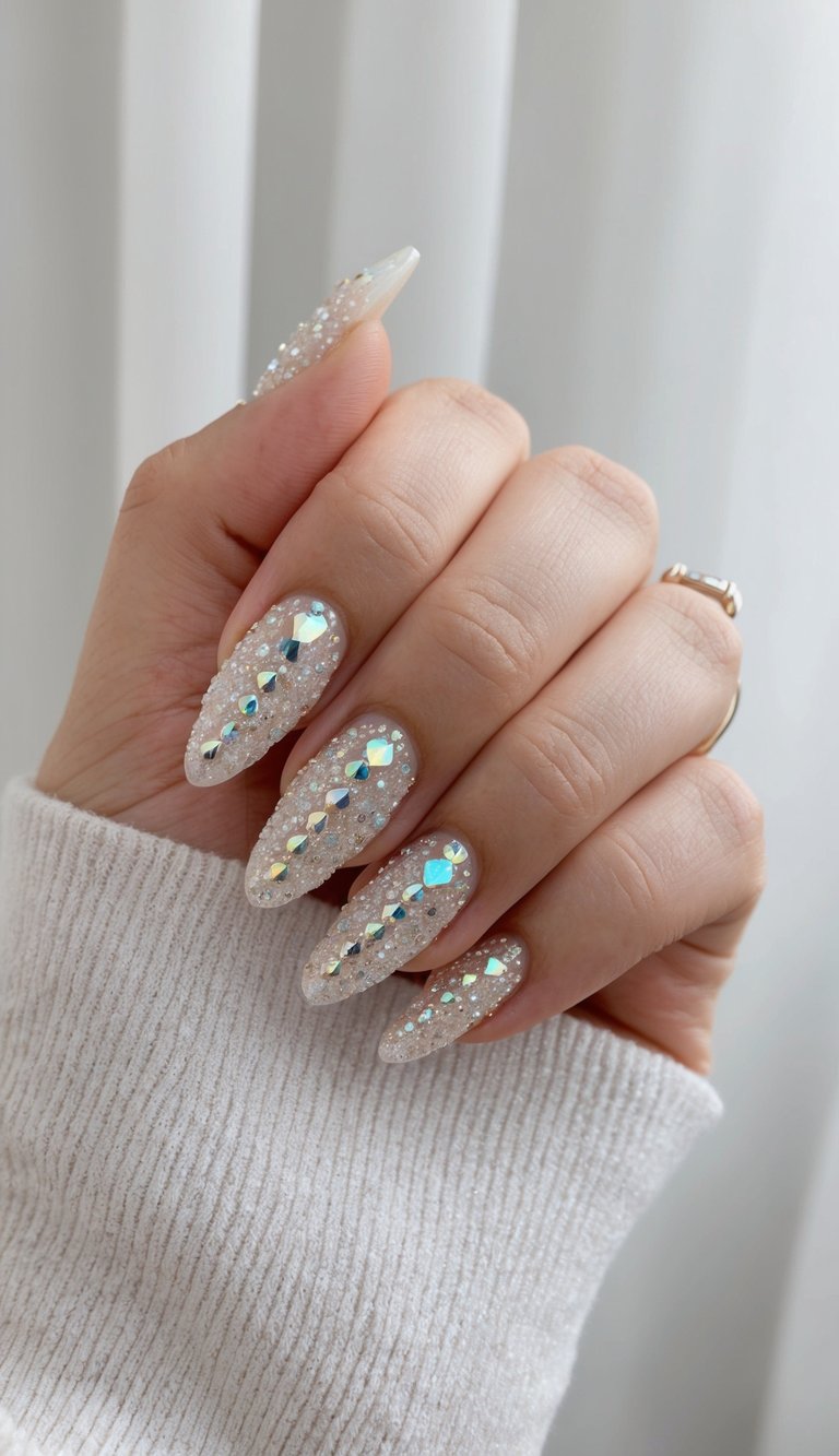 Hand with almond-shaped nails covered in iridescent rhinestones over a shimmering nude base—a glamorous prom nail art idea that catches the light perfectly.