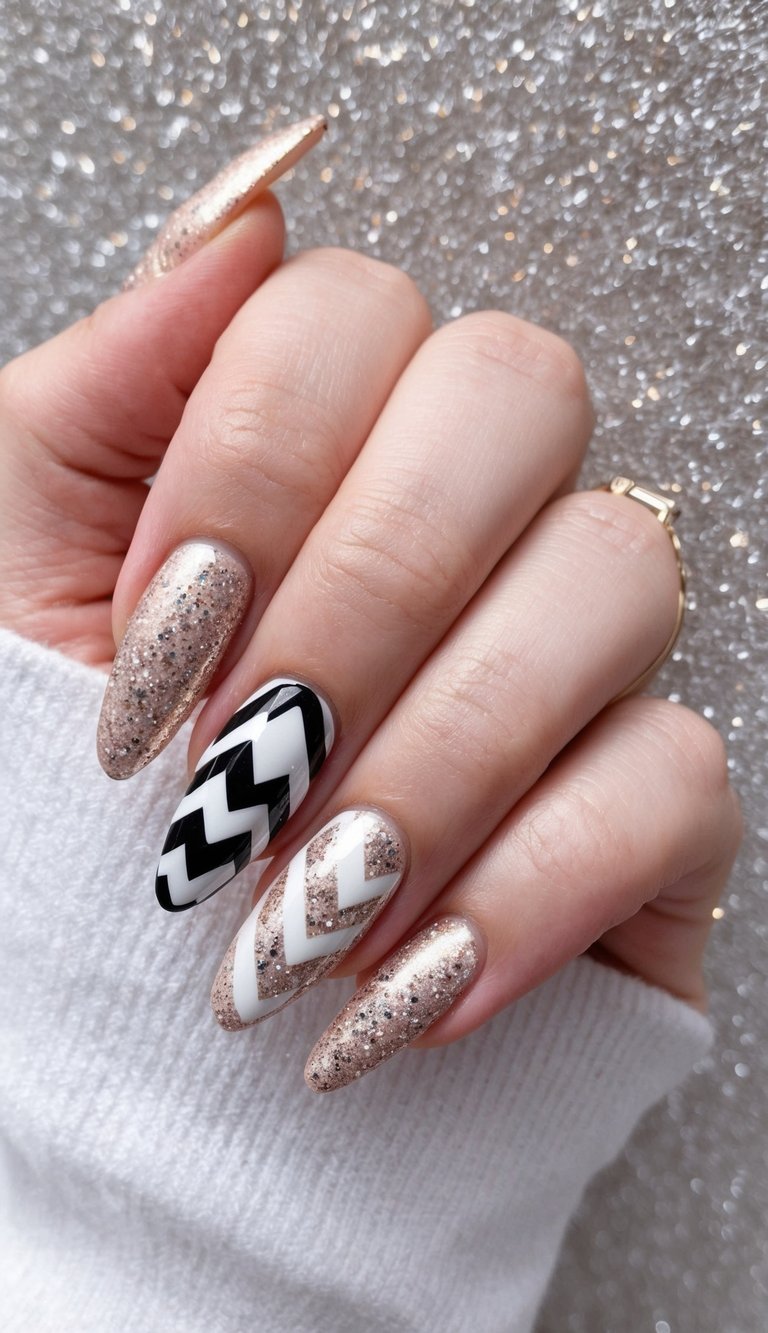Long glitter nails with black and white chevron accents—a standout prom nail art idea full of glam and graphic contrast.