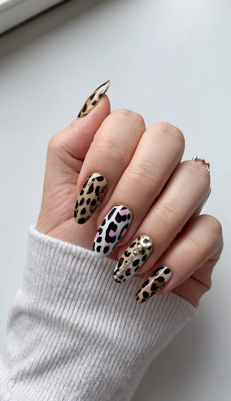 Glossy leopard print nails with rhinestone details—a bold prom nail art idea that roars elegance and attitude.