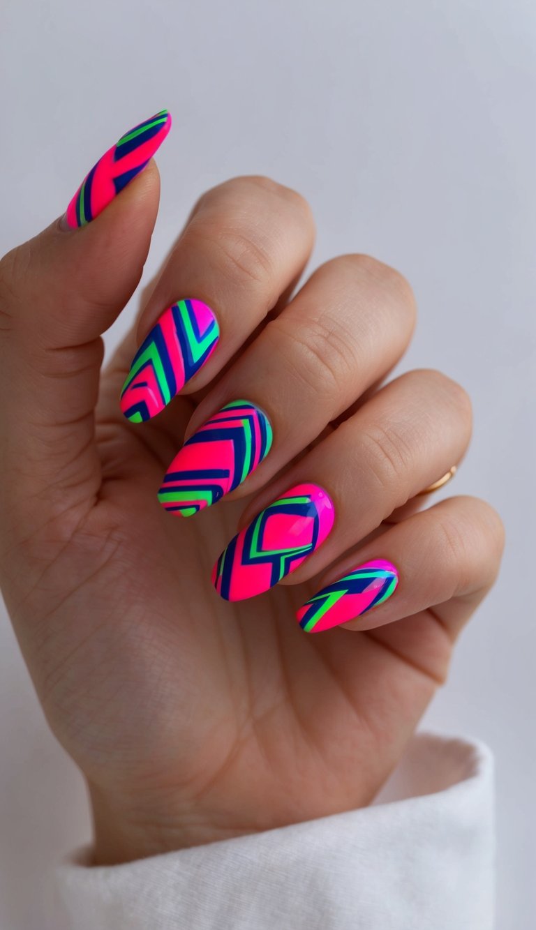 Close-up of a hand displaying pretty nail art ideas with glossy almond nails painted hot pink and decorated with geometric zigzag lines in lime green and dark blue.