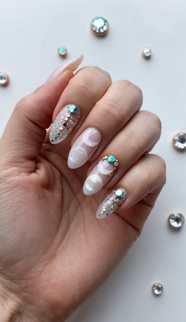 Celestial moon and crystal-studded nails—an ethereal prom nail art idea perfect for a magical night under the stars.
