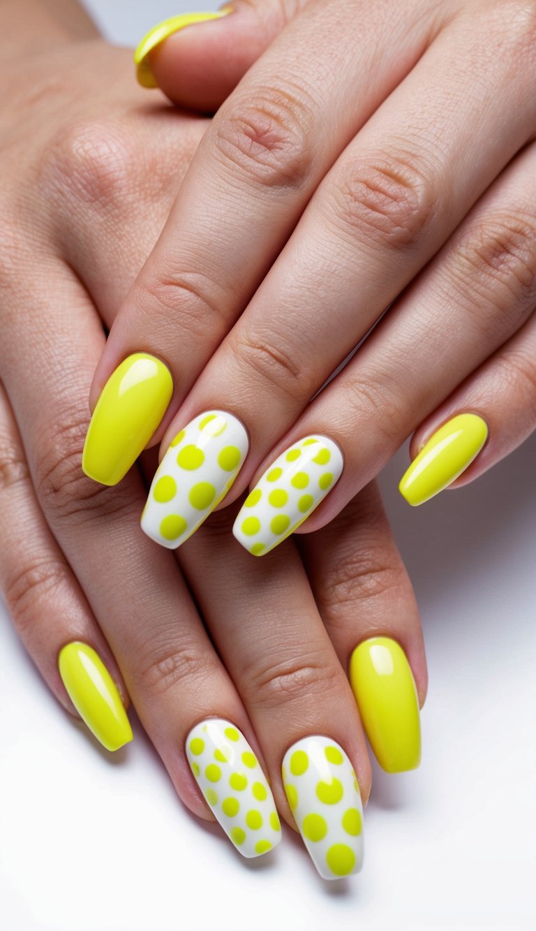 Stacked hands with glossy coffin-shaped nails showcasing pretty nail art ideas with neon yellow polish and white accent nails covered in bright yellow polka dots.