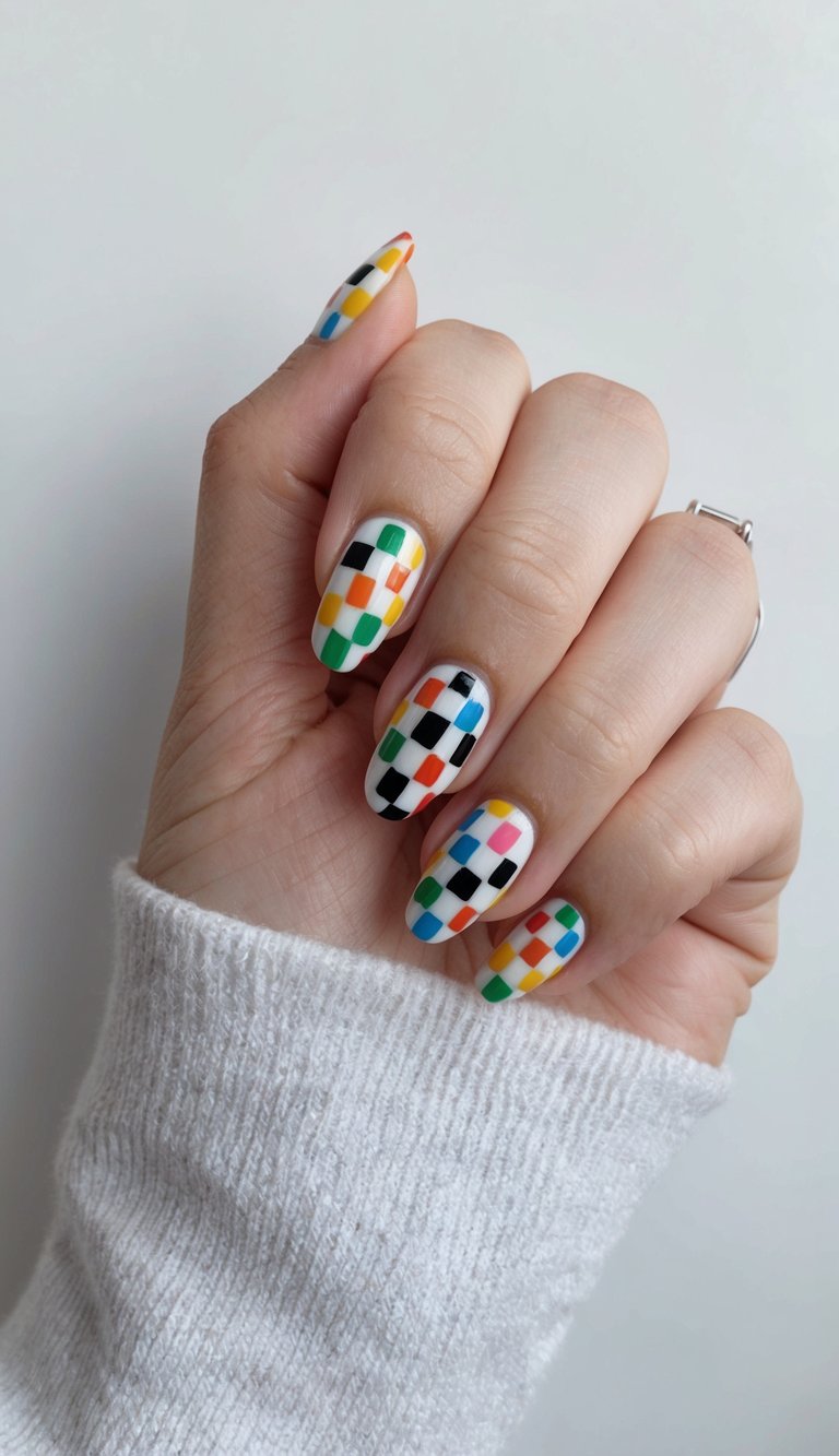 Close-up of a hand with pretty nail art ideas featuring oval nails painted with a white base and tiny colorful square tiles in green, yellow, orange, blue, pink, and black arranged in a grid.