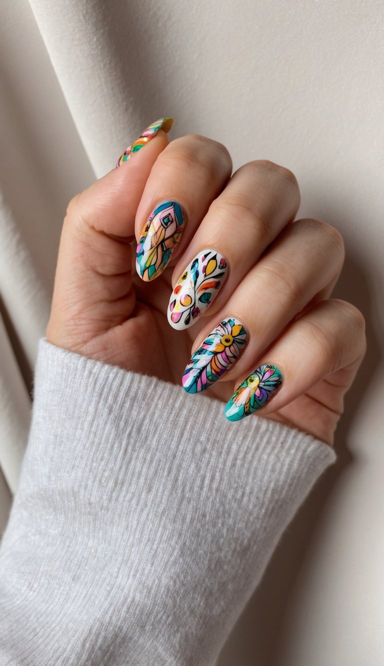 Manicured hand wearing a cozy sleeve presenting pretty nail art ideas with almond nails covered in intricate stained-glass inspired floral and geometric patterns in bright colors.