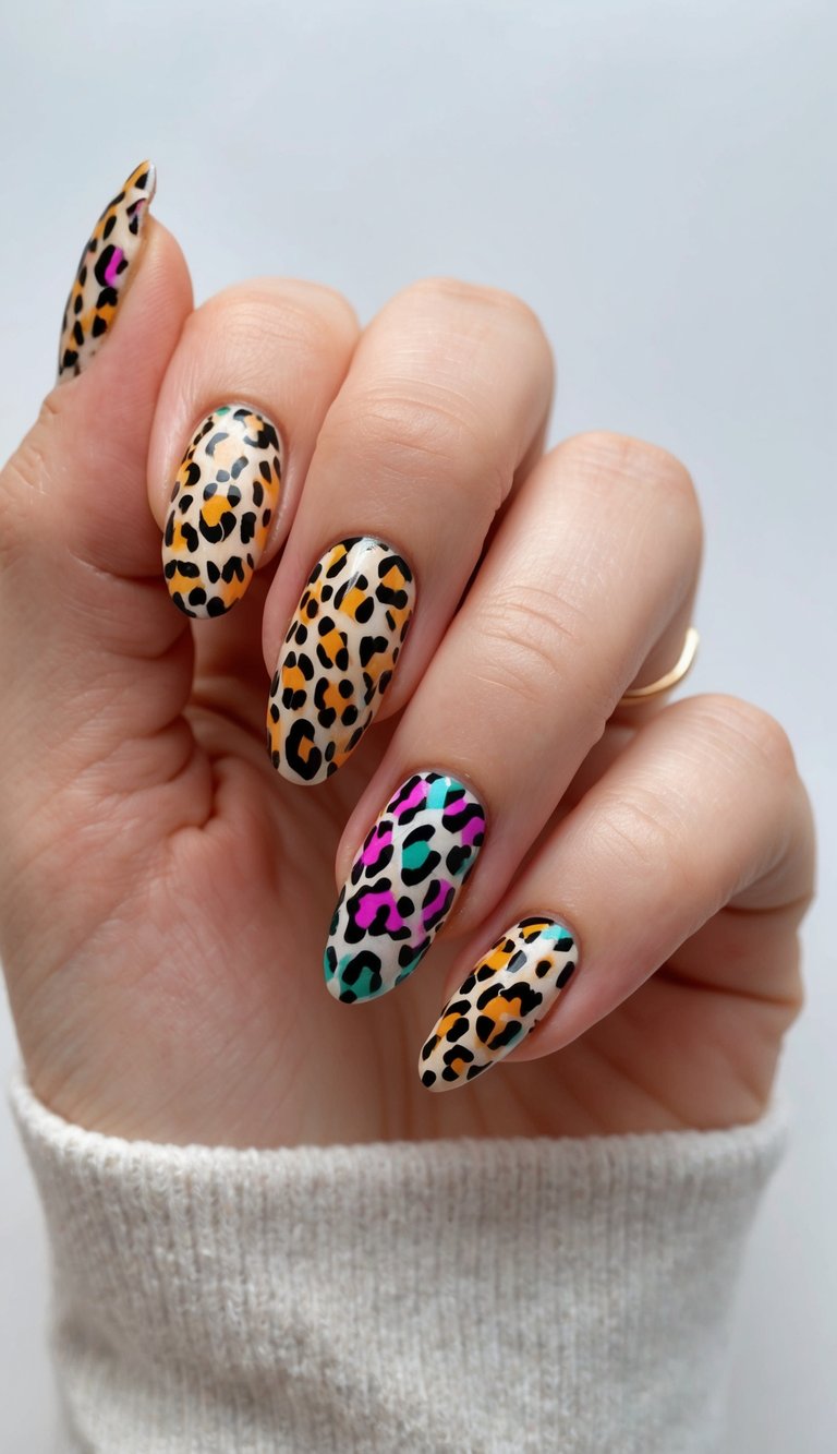 Hand with long almond nails showing pretty nail art ideas featuring leopard print patterns in tan, black, and orange with neon pink and teal accents on a glossy base.