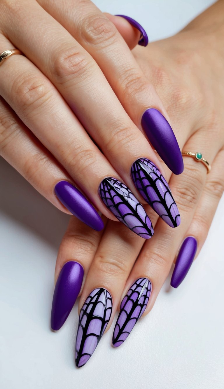 Crossed hands wearing delicate rings display long purple nails, with accent nails featuring black spiderweb designs over pale lavender bases in a purple and black nail art idea.
