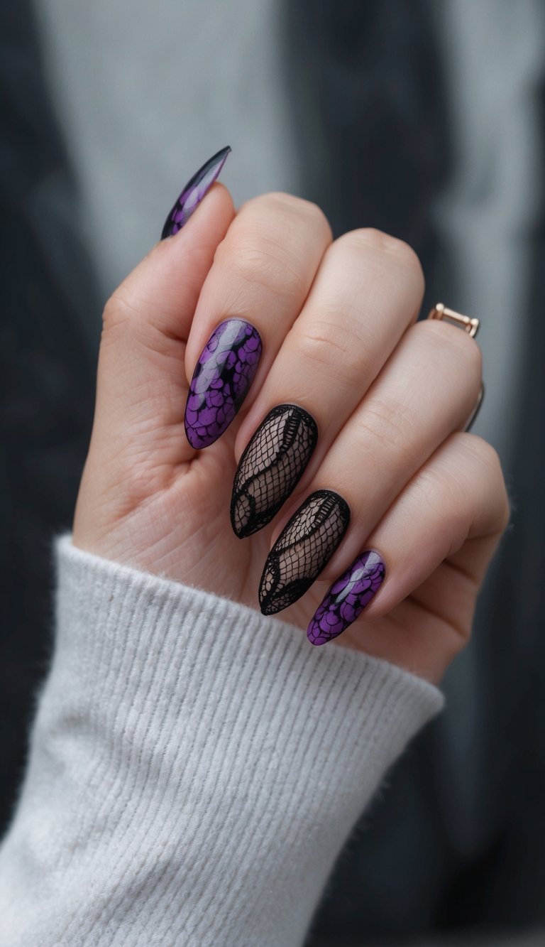Against a blurred outdoor background, a manicured hand displays almond-shaped nails combining purple scale-like patterns and sheer black lace nail art in a purple and black nail art idea.