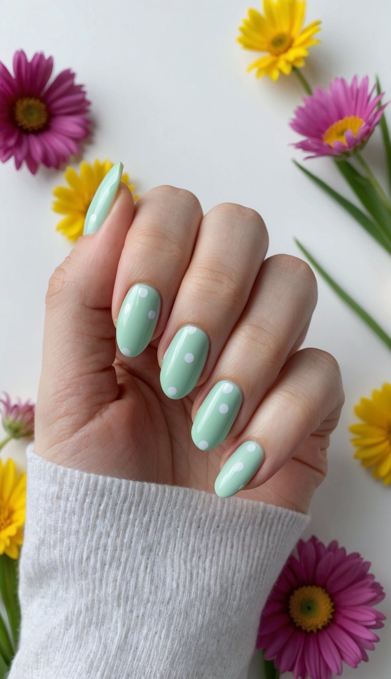 A hand with almond-shaped mint green nails featuring playful white polka dots, showcasing a fun and vibrant simple spring nail art idea against scattered colorful daisies.