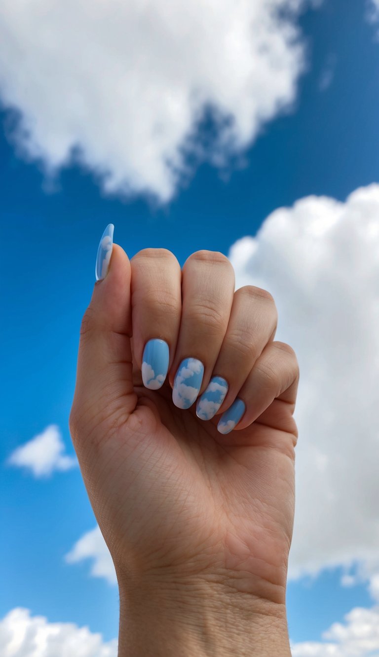 Hand with sky-inspired nail art featuring white clouds as a simple spring nail art idea.