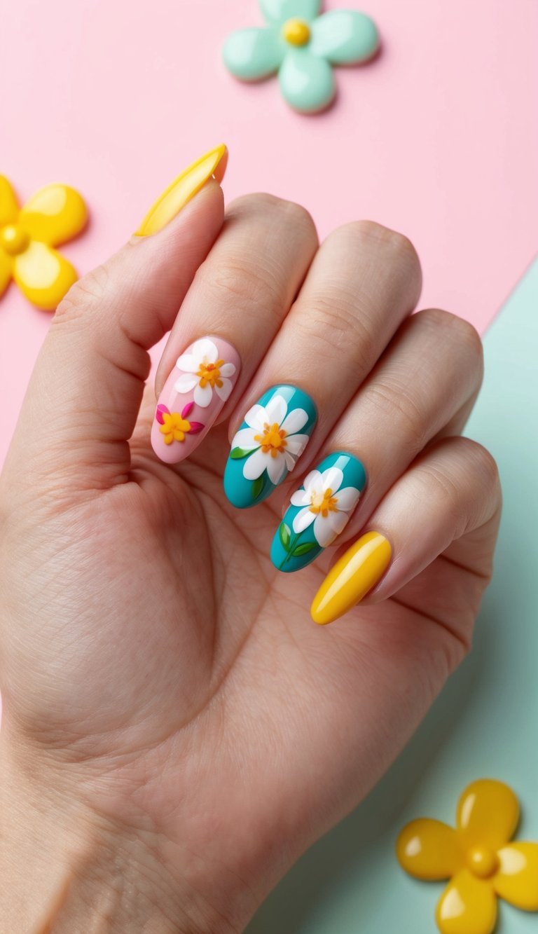 Close-up of a hand with flower nail art in white daisies over teal and pink, with glossy yellow nails, reflecting a nature-inspired simple spring nail art idea.