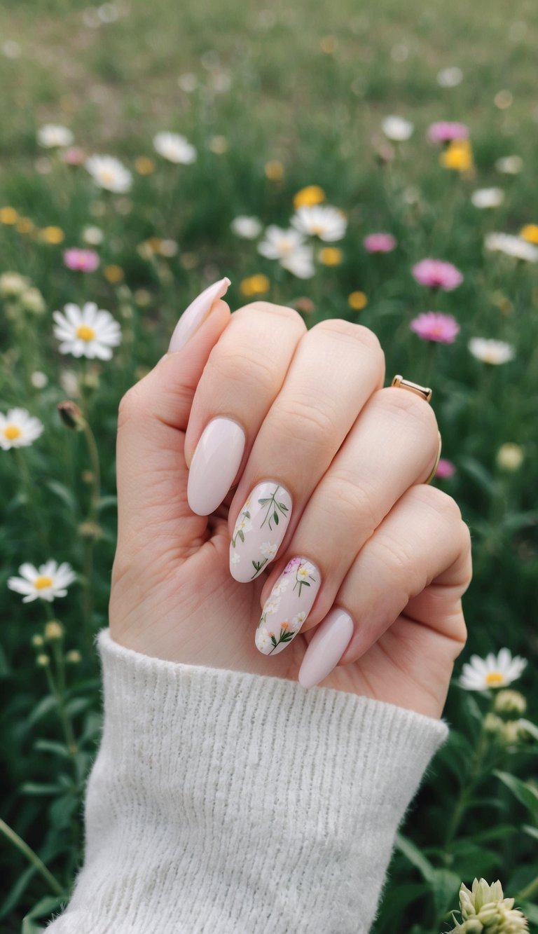 Hand with soft almond-shaped nude nails featuring tiny pressed-flower-inspired accents, styled as a simple spring nail art idea in a blooming meadow.