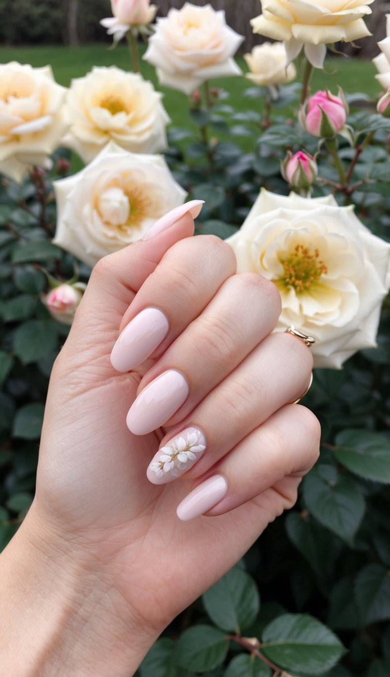Close-up of a hand with almond-shaped blush pink nails and dainty white flower accents, inspired by a simple spring nail art idea in a blooming rose garden.