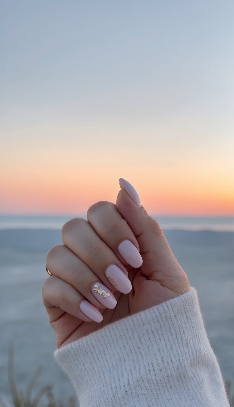 Close-up of soft pink nails with gold leaf accent against a coastal sunset, reflecting a simple spring nail art idea inspired by nature’s elegance.