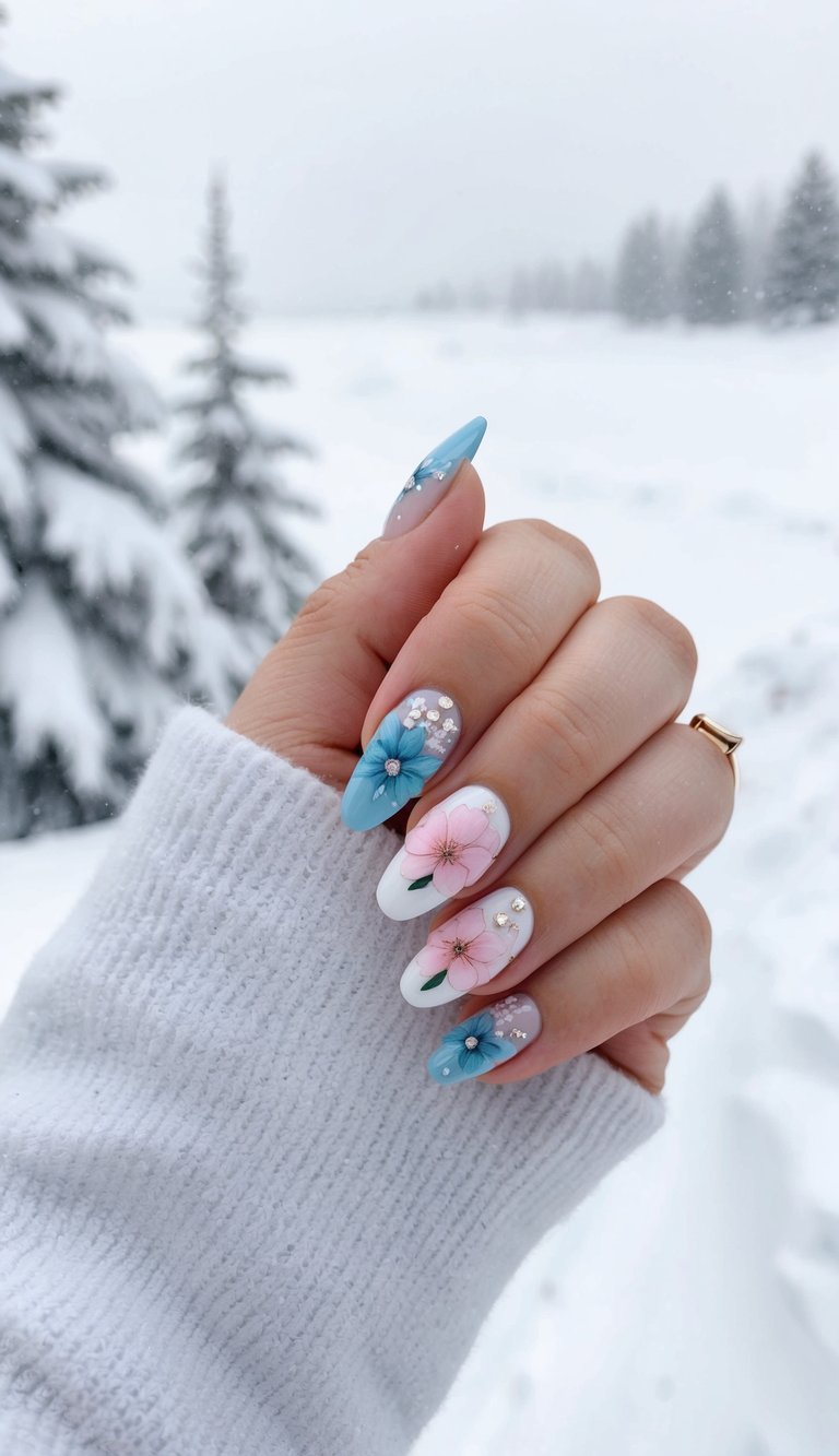 Hand in a white sweater photographed in a snowy landscape showing a bridesmaid nail art idea with dusty blue polish, pink floral hand-painted accents, and small crystal details