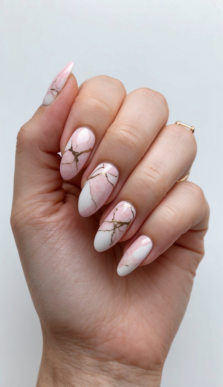 Hand slightly curled showing a bridesmaid nail art idea with soft pink and white marble manicure featuring delicate gold foil veining on almond nails