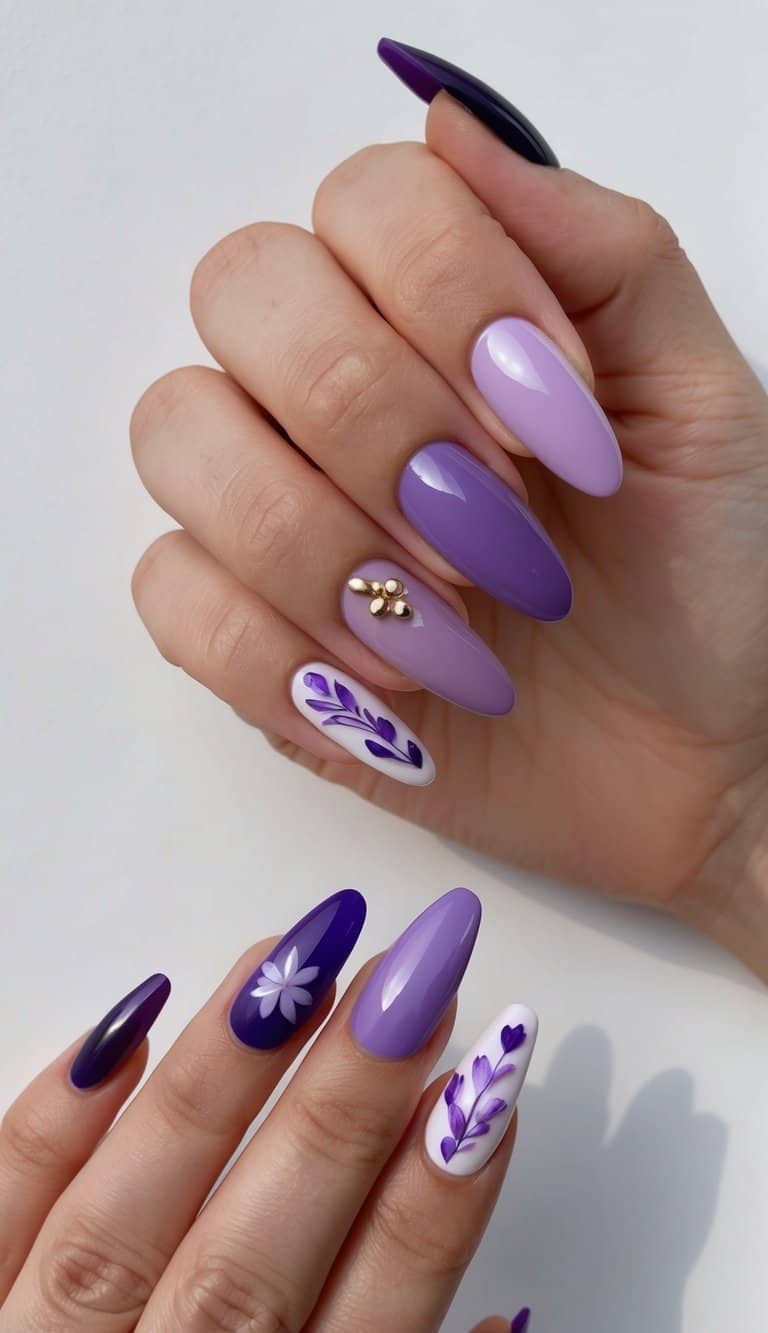 Pastel lavender and deep violet nails with floral accents and gold embellishments, blending cute and chic nail art elements.