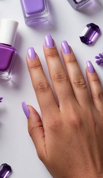 Pastel purple nails with a high-shine finish, offering a minimalist and elegant nail art style.