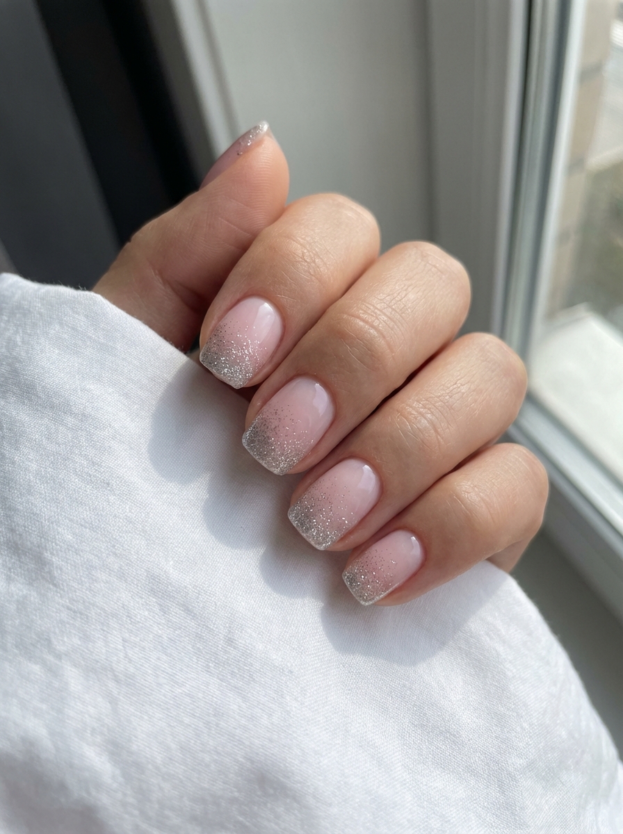 Fingers curled slightly by a sunlit window displaying pretty nail art ideas with glossy pale pink nails finished with sparkling silver glitter gradient tips.