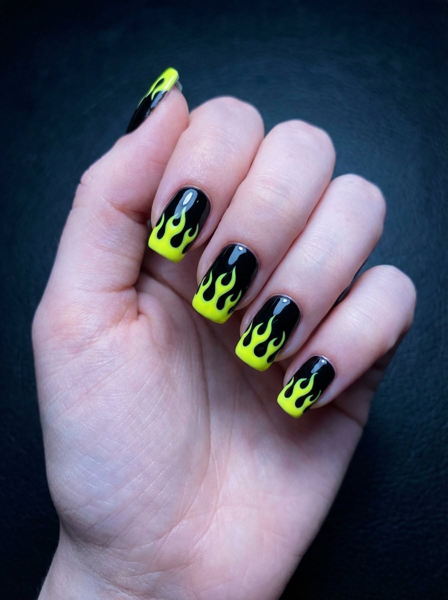 Close-up of a yellow nail art idea with medium square nails painted black and decorated with bright yellow flame graphics, creating a striking contrast on a black surface.