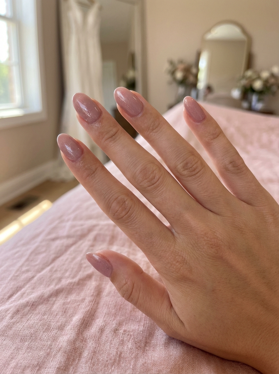 Close-up of a hand in a bridal preparation room featuring a bridesmaid nail art idea with rosy mauve shimmer manicure on almond nails beside a wedding dress