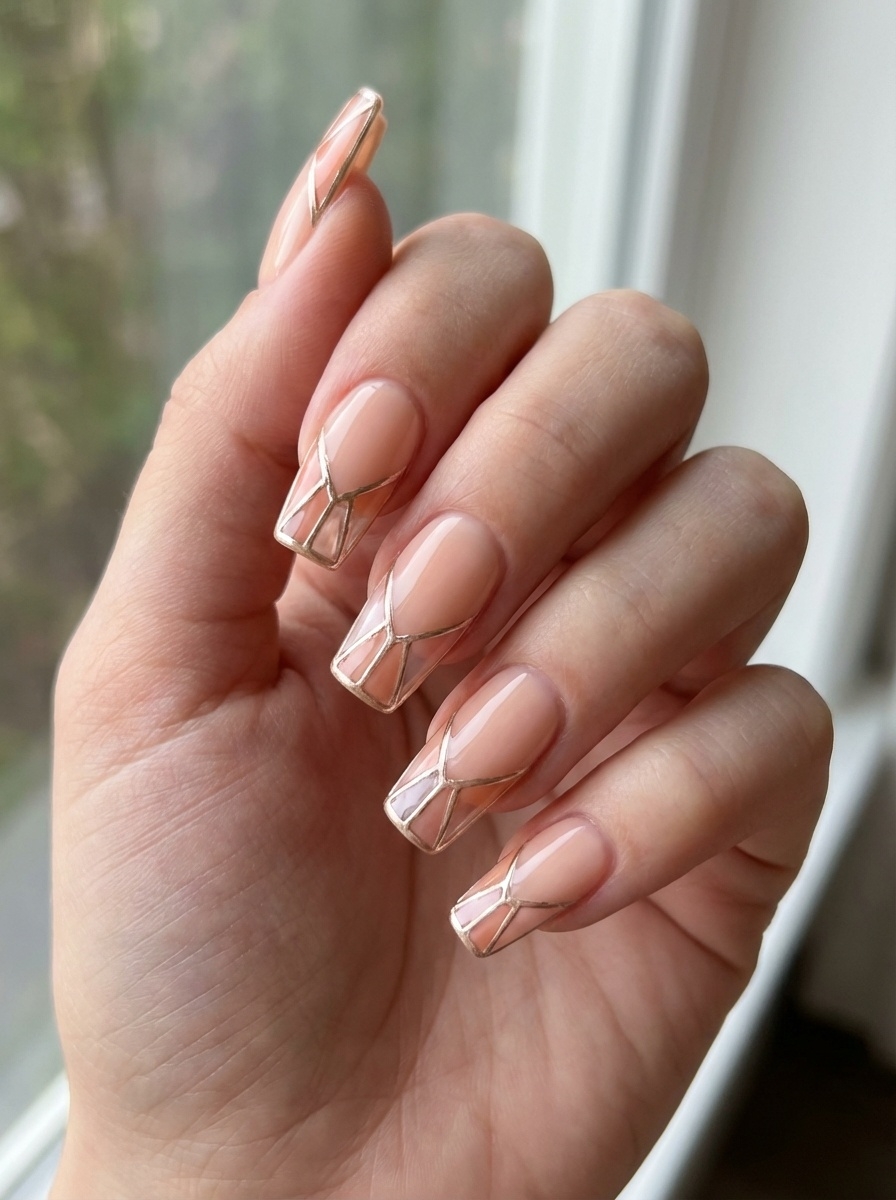 Well-manicured hand featuring sheer square nails detailed with crisp gold-lined geometric tips—showing a sleek, modern interpretation of a peach nail art idea.