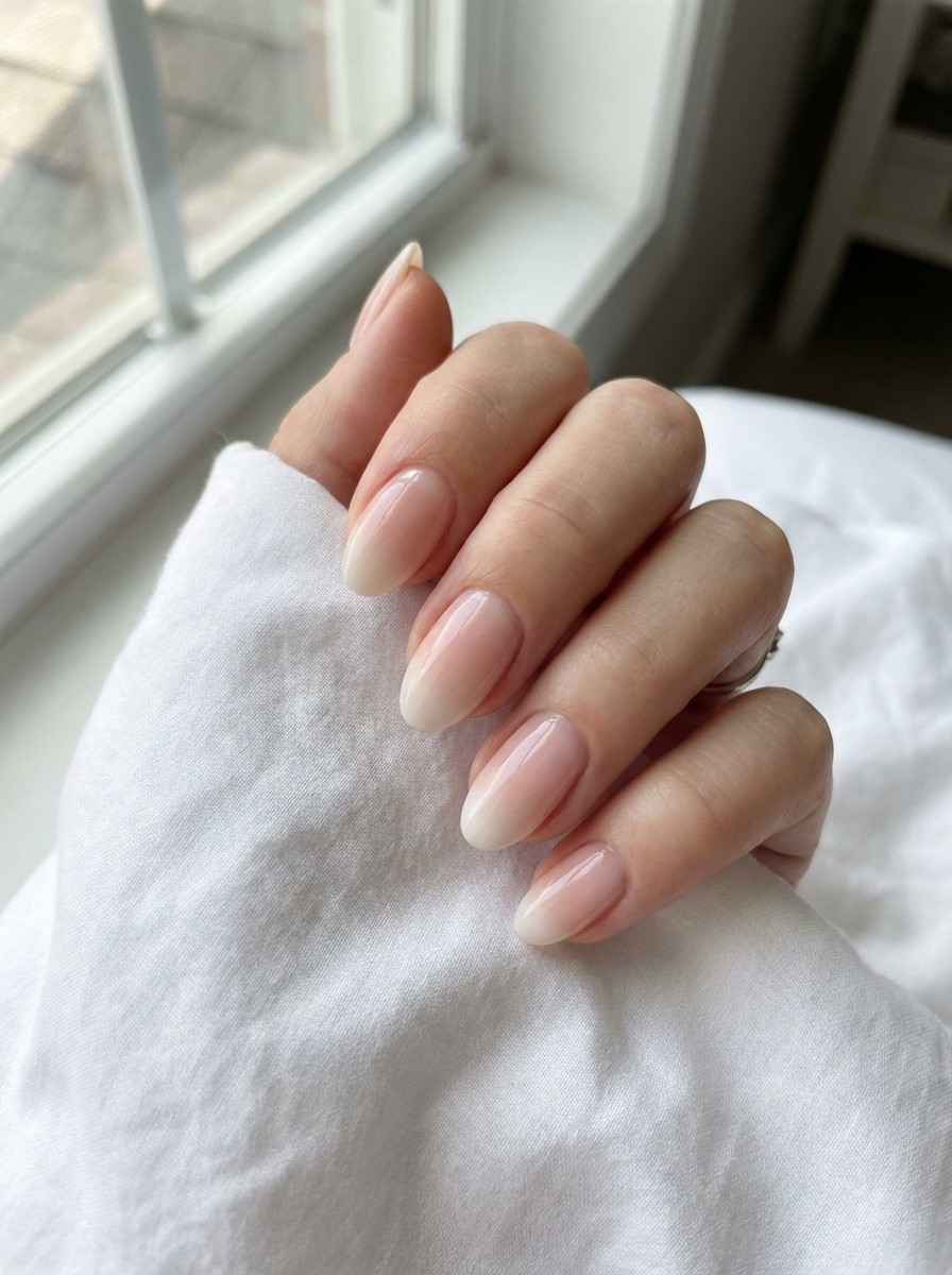 Fingers slightly curled beside a window displaying pretty nail art ideas with glossy almond nails in a subtle pink-to-white ombre fade.