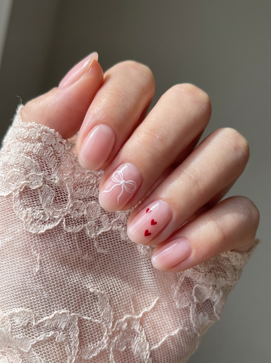 A hand with manicured nails featuring a light pink polish and decorative designs, including a white bow on one nail and small red hearts on another, held against a background of lace fabric.