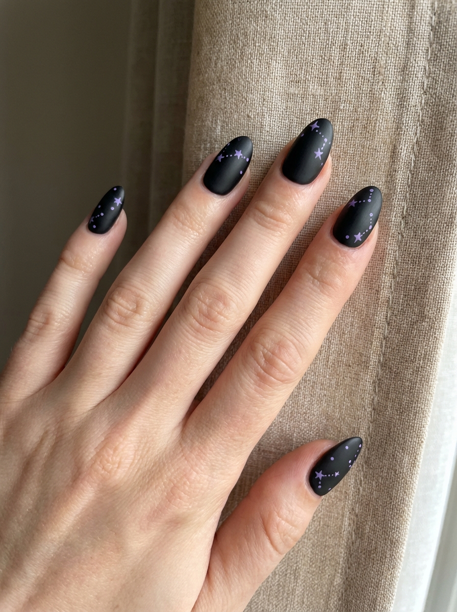 A hand resting against a beige curtain near a window shows matte black almond nails decorated with small lavender stars and dots, forming a whimsical purple and black nail art idea.