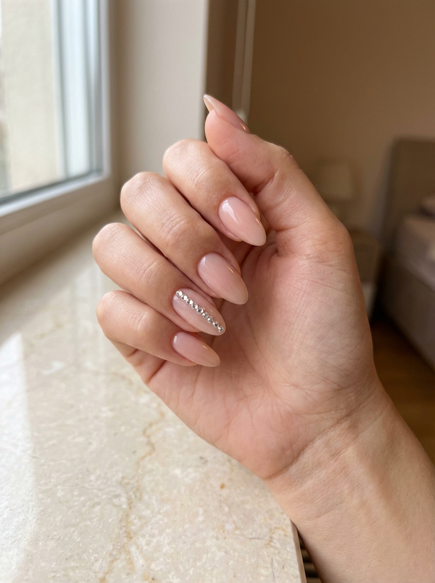 Close-up of a manicured hand displaying a bridesmaid nail art idea with soft nude pink polish and a rhinestone accent nail placed along one side of the manicure