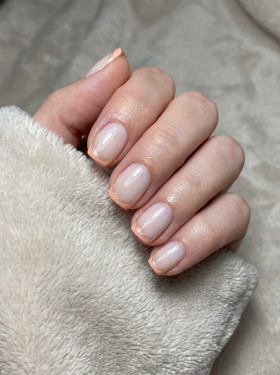 Close-up of nude natural nails with peach-toned micro-French tips outlined in fine glitter for a minimalist shimmer effect.