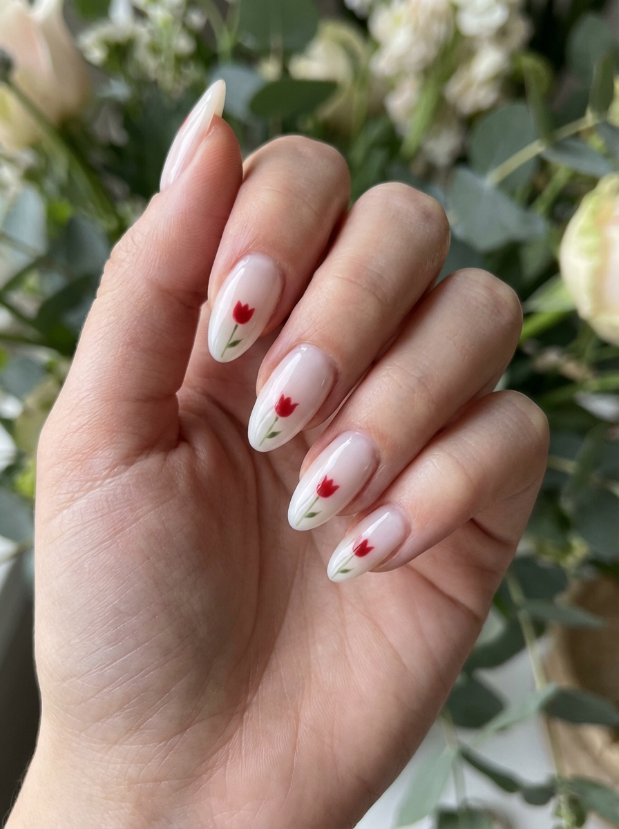 Hand with almond-shaped nails featuring a cute red nail art idea; each nail has a single hand-painted tulip over a neutral translucent background.