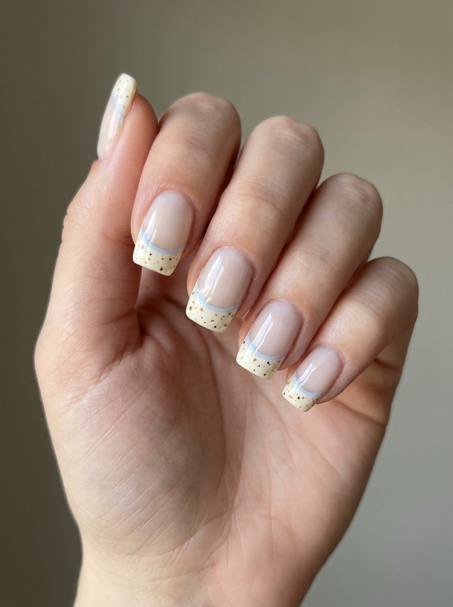 Hand showing Easter nail art idea with clear bases, cream speckled French tips, and pastel blue edging for a minimalist spring look.