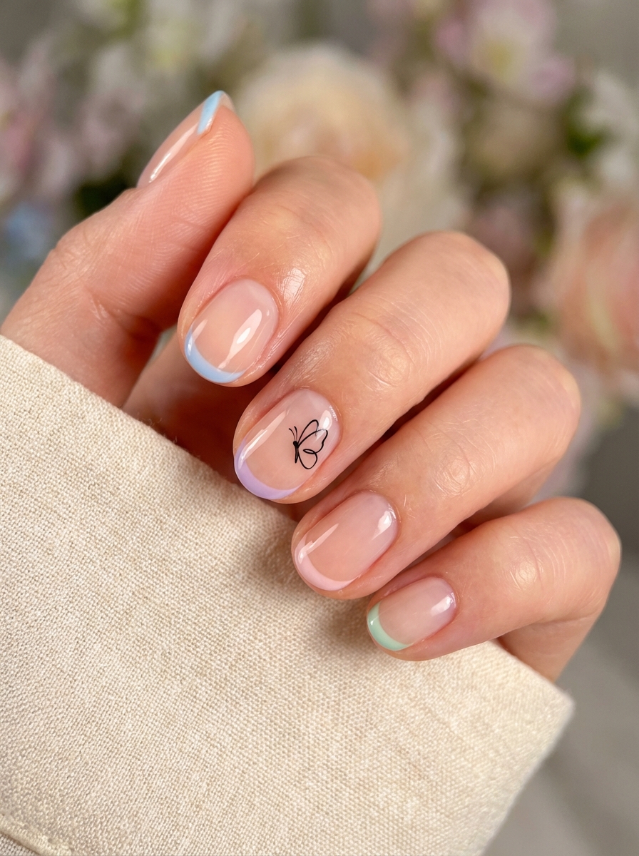 A youthful nail design with multicolor pastel tips and a thin black butterfly sketch, showing off a trendy take on a simple spring nail art idea.