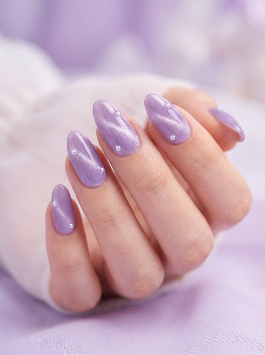 A graceful hand displays lavender nail art idea with glossy lilac polish and scattered pearl accents, evoking the calm of twilight skies.