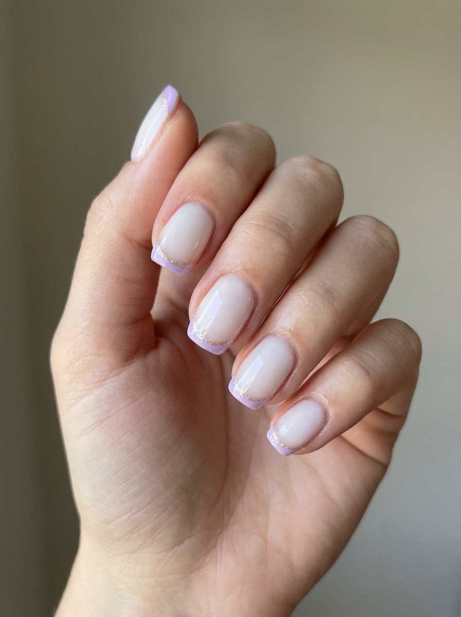 Close-up of a hand with short nails featuring a minimalist lavender nail art idea—sheer nude polish with lavender French tips edged in subtle gold.