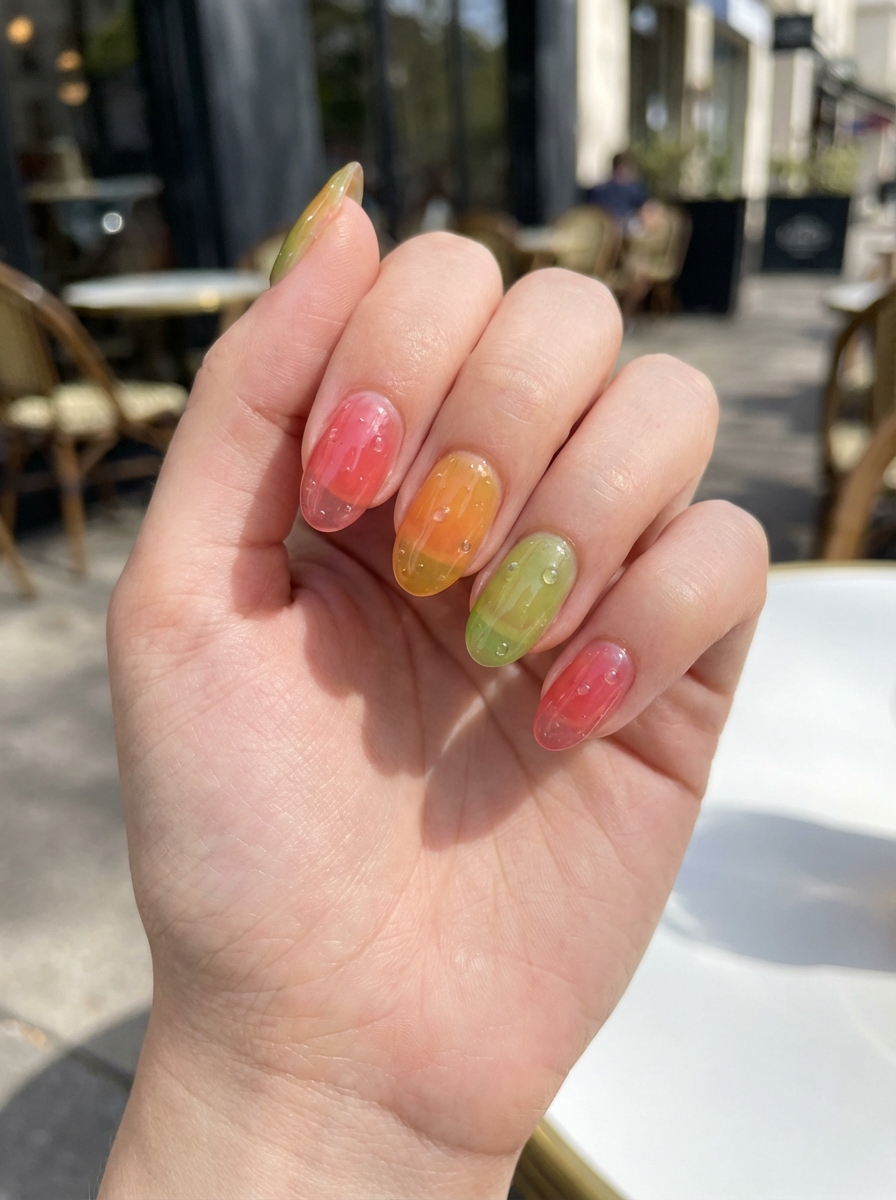 Close-up of a hand showing off a spring break nail art idea with glossy pink, orange, and green jelly nails detailed with tiny clear water drops.