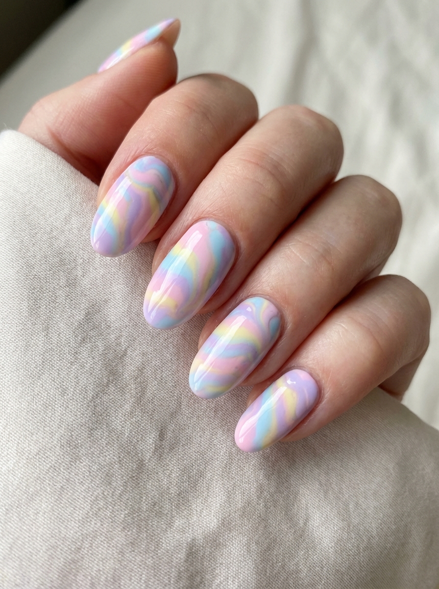 Hand showing an Easter nail art idea with long oval nails in soft pastel marble swirls of lavender, mint green, baby pink, and yellow.