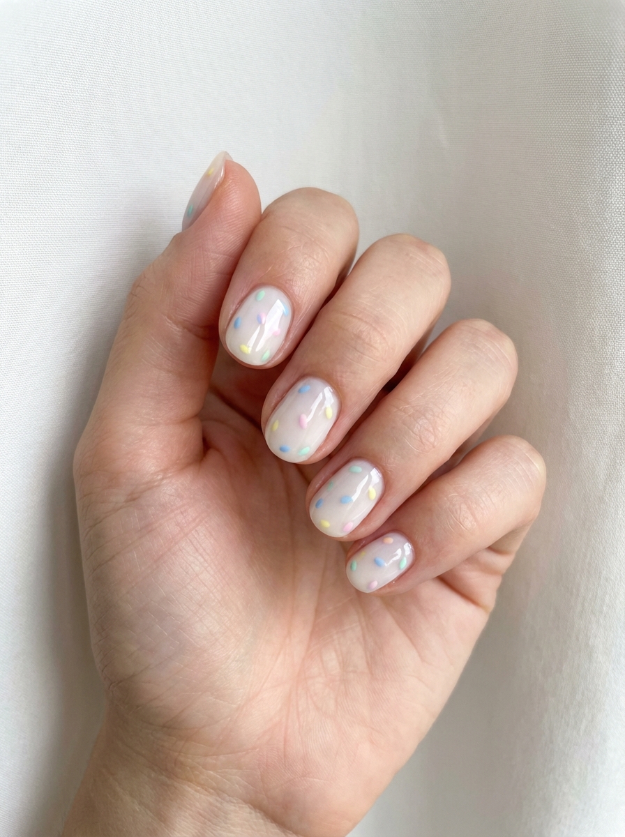A close-up of a hand with pastel sprinkle-inspired dots over sheer white nails, showcasing a cheerful and playful simple spring nail art idea.