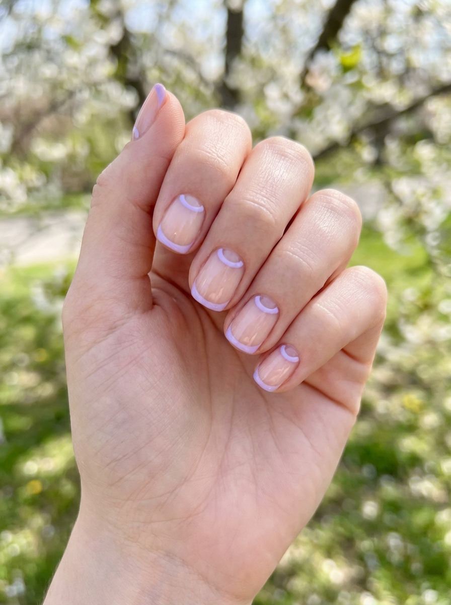 A hand holding fingers up to sunlight, featuring minimal lavender arcs at the cuticle and tip over a glossy neutral nail, for a fresh simple spring nail art idea.