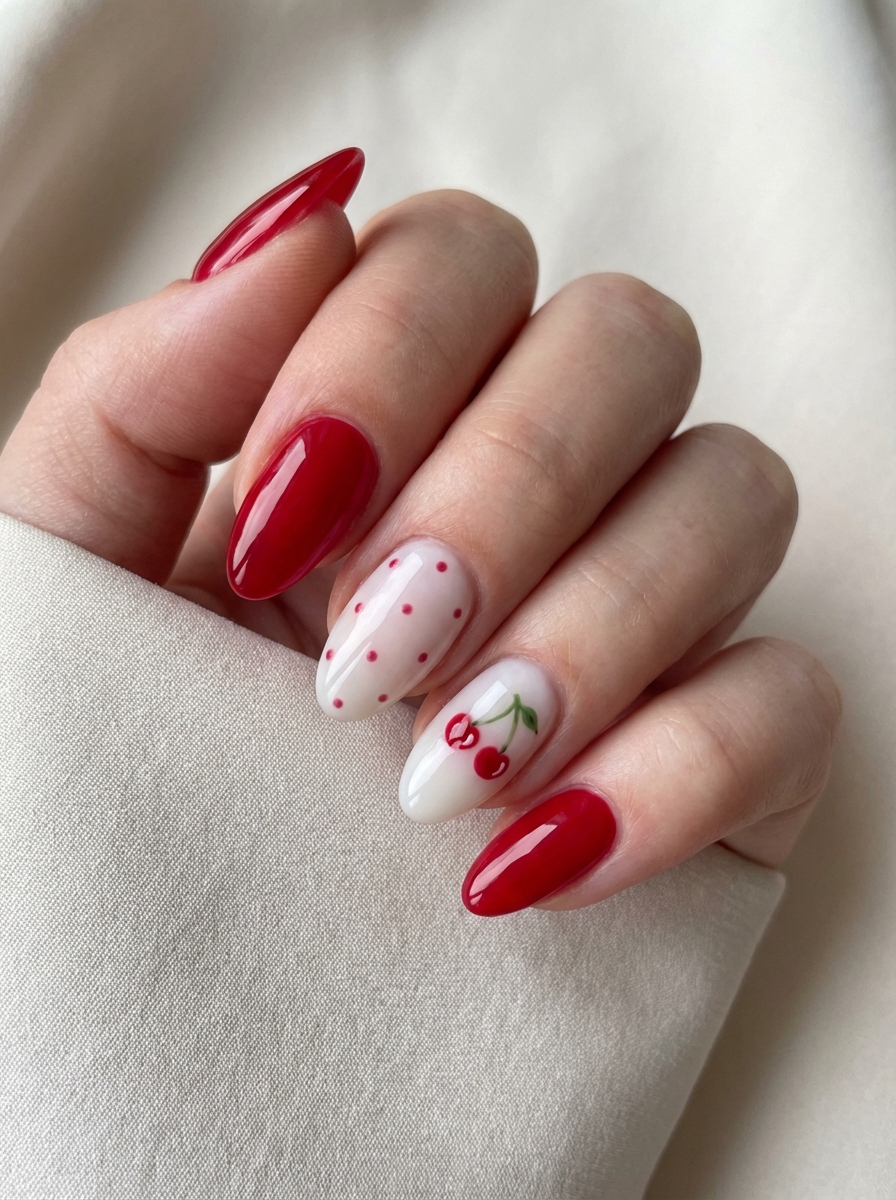 Feminine hand with a cute red nail art idea showing candy red polish, soft white nails with red dots, and hand-drawn cherry designs for a romantic look.