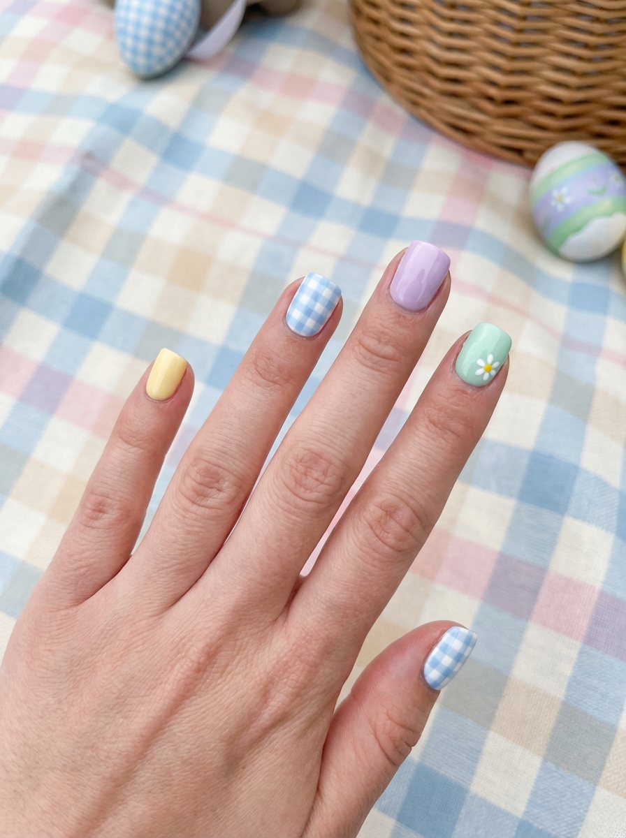 Close-up of a hand with Easter nail art idea using pastel gingham, daisy floral accents, and soft shades like mint, lilac, and yellow.