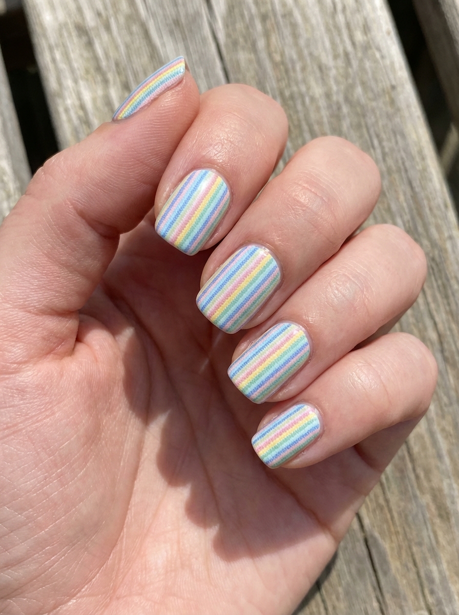 Close-up of a hand with short square nails featuring a spring break nail art idea using pastel rainbow stripes and a soft, fabric-like texture.