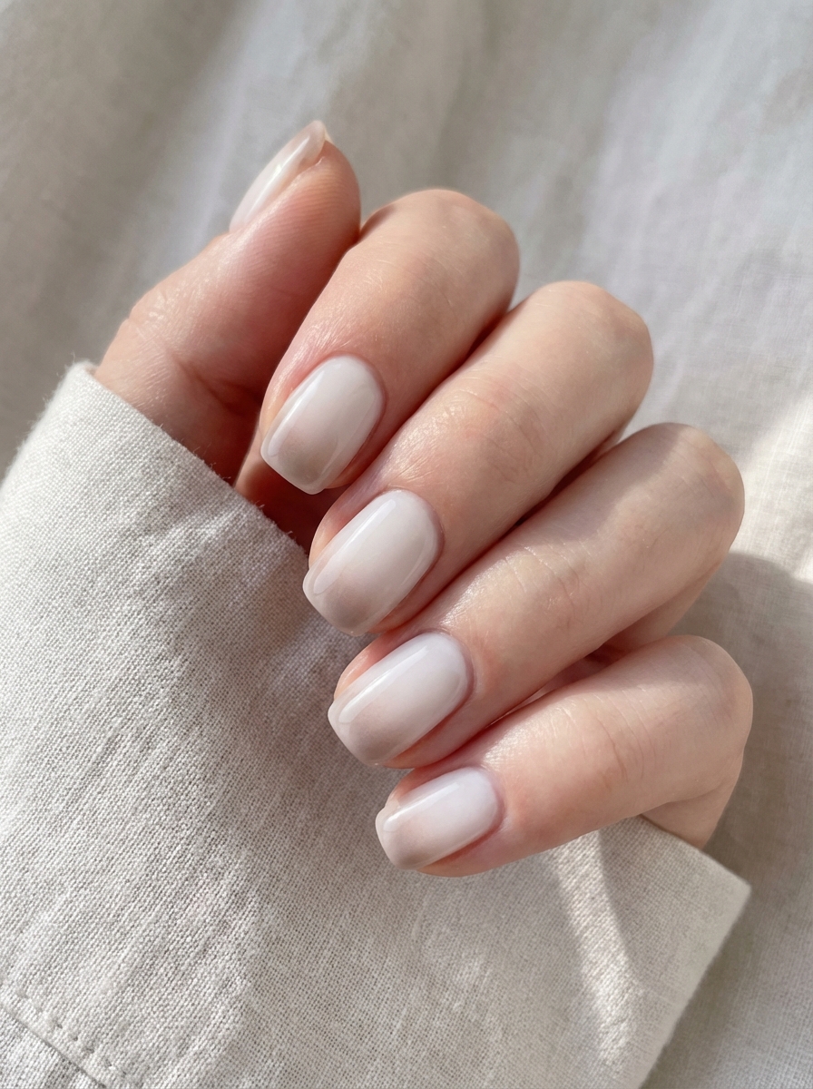 Hand with soft almond-shaped nails coated in translucent beige polish, glowing under natural light—an airy and romantic simple spring nail art idea.