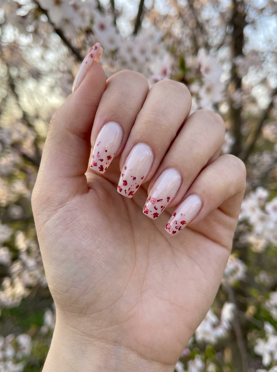 Fingernails painted in a cute red nail art idea using glossy nude polish with red flower-like glitter flakes sprinkled on the tips for a spring look.