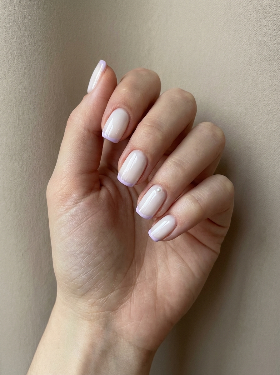 Neutral-toned nails with lilac French tips and a pearl accent on the ring finger, styled for an elegant yet playful simple spring nail art idea.
