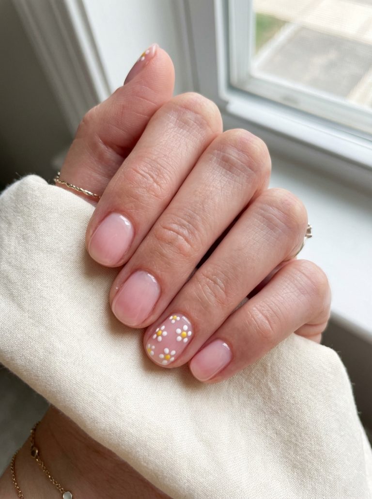 A hand with neatly manicured nails, one featuring small white daisy designs, held against a beige fabric near a window.