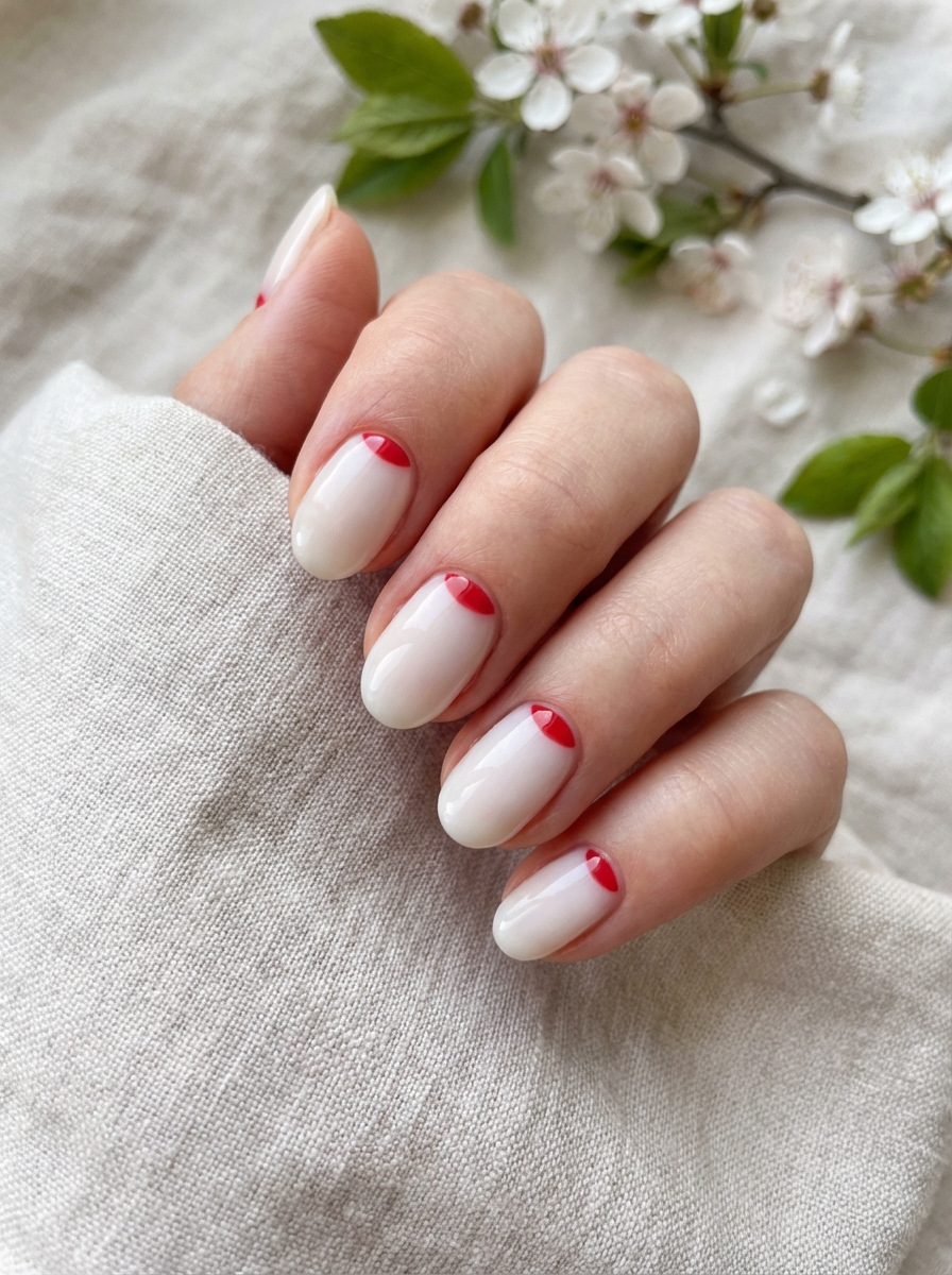 A close-up of a hand with almond-shaped nails painted in a glossy milky white base and neat red cuticle half-moons, showing a cute red nail art idea.