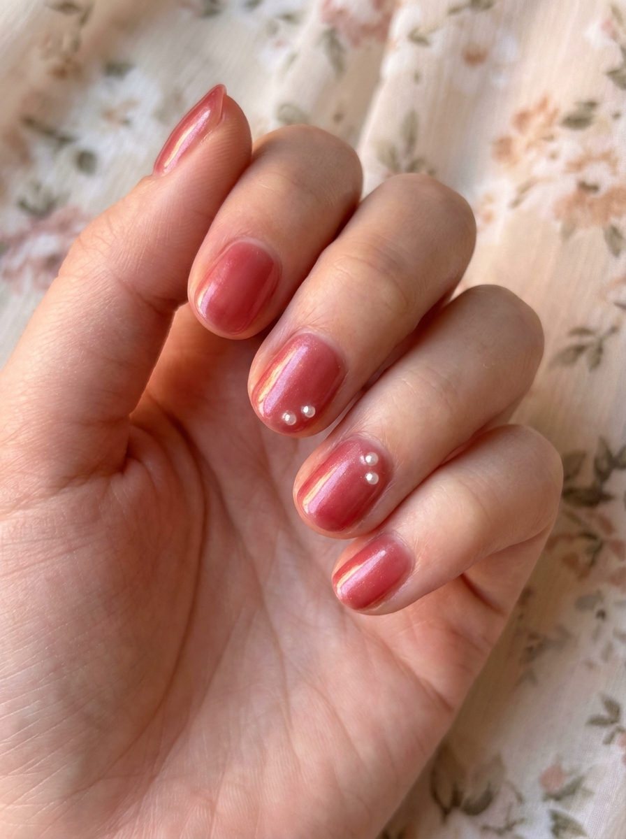 Short rounded nails in a soft cherry red with pearl embellishments on two fingers, capturing a delicate cute red nail art idea.