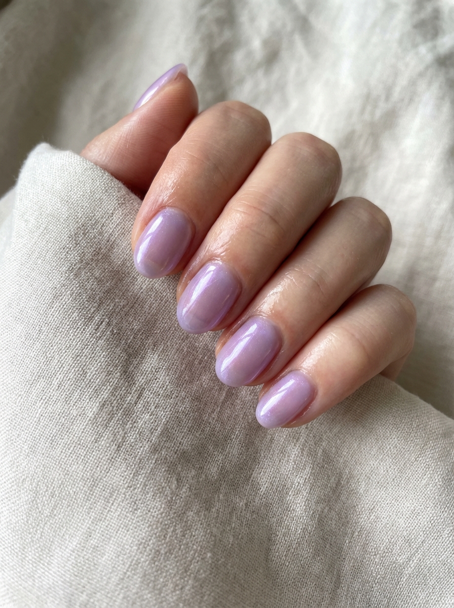 Soft image of a lavender nail art idea with rounded short nails painted in translucent lilac gloss, resting gently on a neutral-toned cloth.