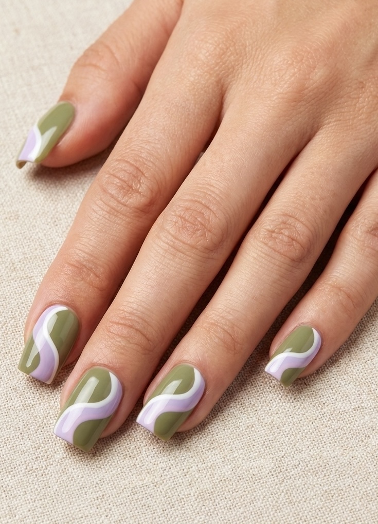 A close-up of fingers with a fun olive green nail art idea featuring lavender and white wavy lines over a glossy olive base on short square nails.